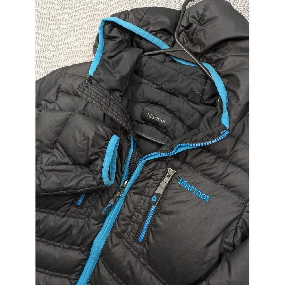 Marmot Puffer Jacket Youth Medium Black Blue Hooded Down 700 Fill Winter Coat
